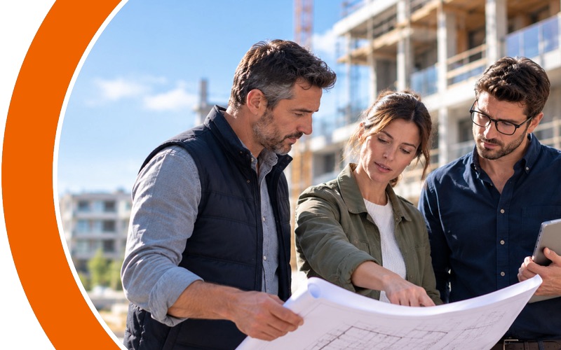 Trois professionnels du bâtiment étudiant un plan devant un immeuble en construction