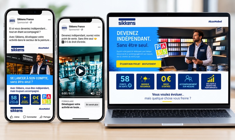 Publications Sikkens sur deux smartphones et landing page « Devenez indépendant » sur ordinateur portable